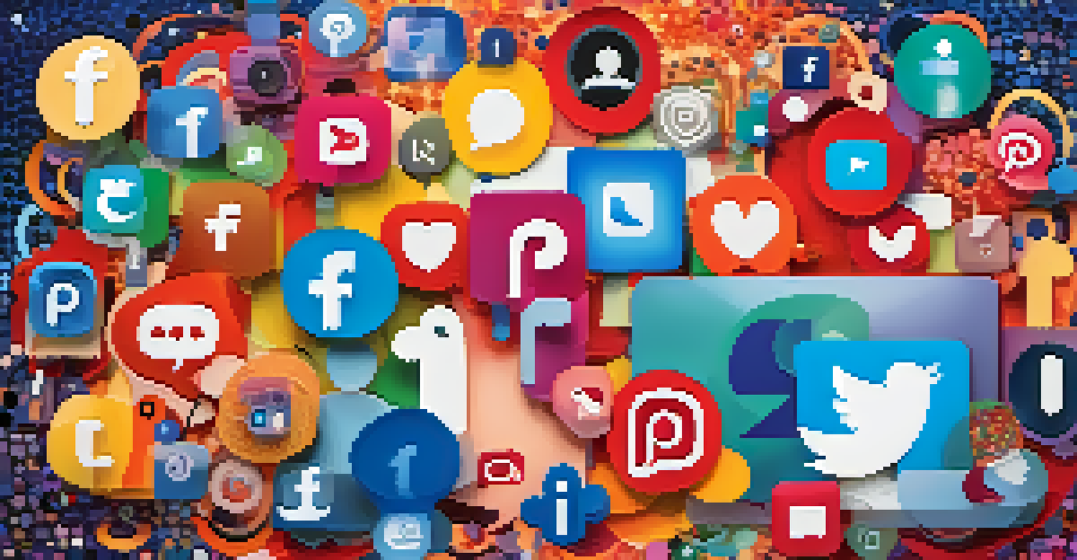 A digital artwork showing social media icons connecting to a central figure, symbolizing personal branding and networking in a colorful landscape.