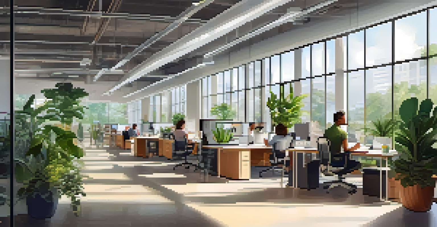 A modern open office space filled with employees at work, showcasing collaboration and a vibrant atmosphere.