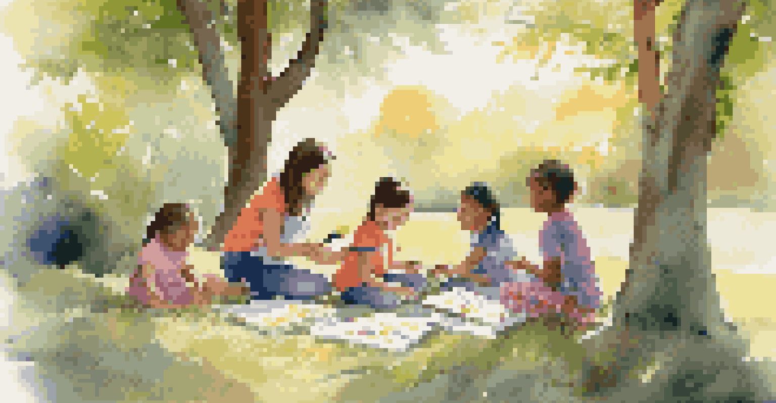 A volunteer teaching children how to paint outdoors, surrounded by nature and colorful art.