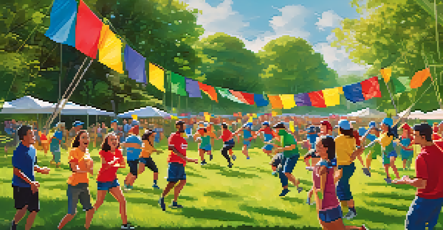 Team members engaging in an outdoor team-building activity in a sunny park, participating in an obstacle course.