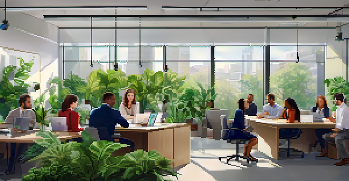 A diverse group of employees in a bright office, collaborating in a supportive environment.