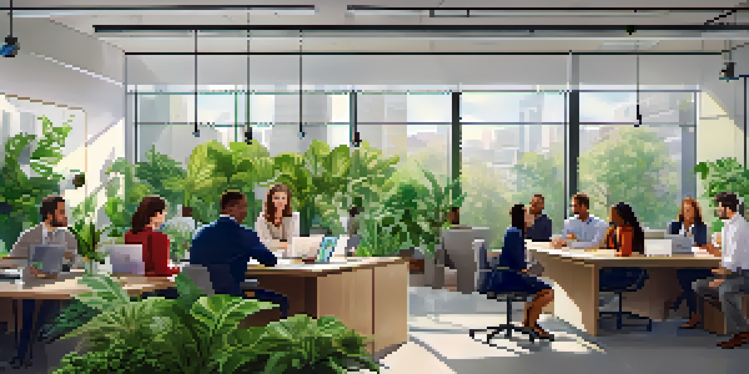 A diverse group of employees in a bright office, collaborating in a supportive environment.