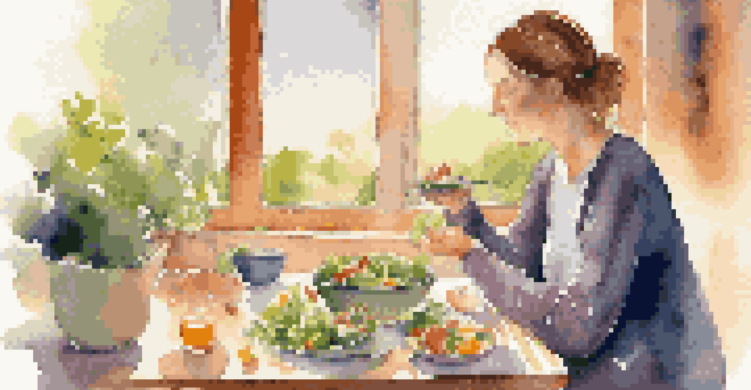 A person enjoying a bowl of colorful salad at a table, practicing mindful eating in a cozy setting with warm lighting.
