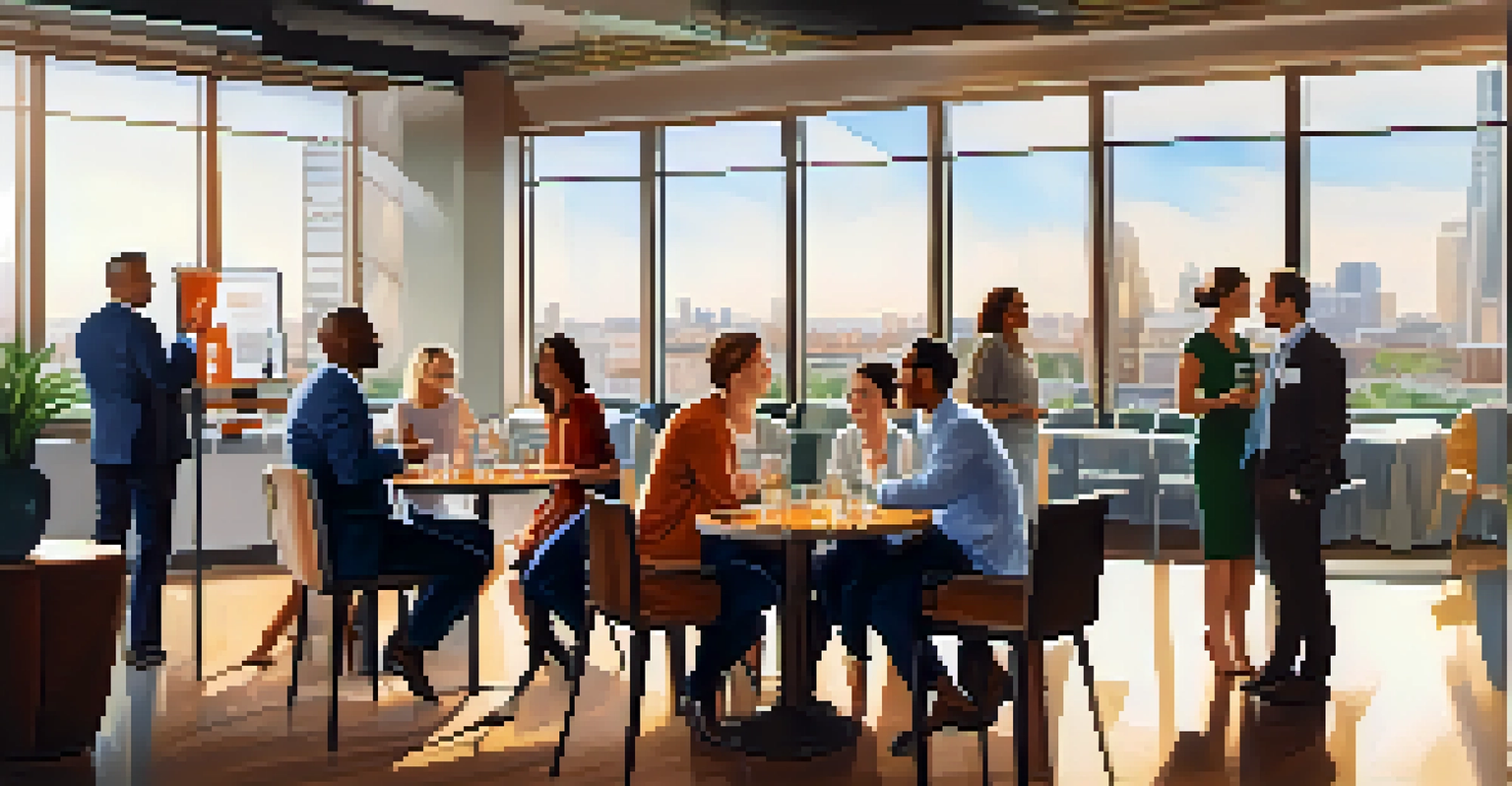 Professionals mingling at a networking event, with a banner in the background and natural light creating a lively atmosphere.