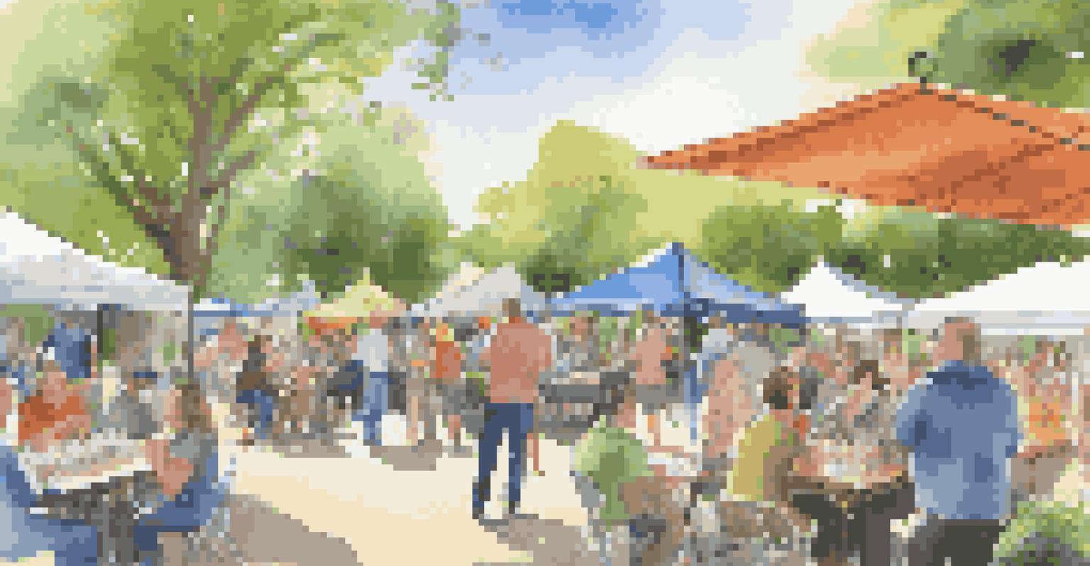 Entrepreneurs networking at a community event in a park, with booths and attendees interacting under a bright sky.