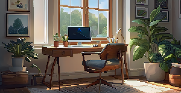 A cozy home office with a laptop on a wooden desk, a comfortable chair, and plants on the walls, illuminated by natural light.