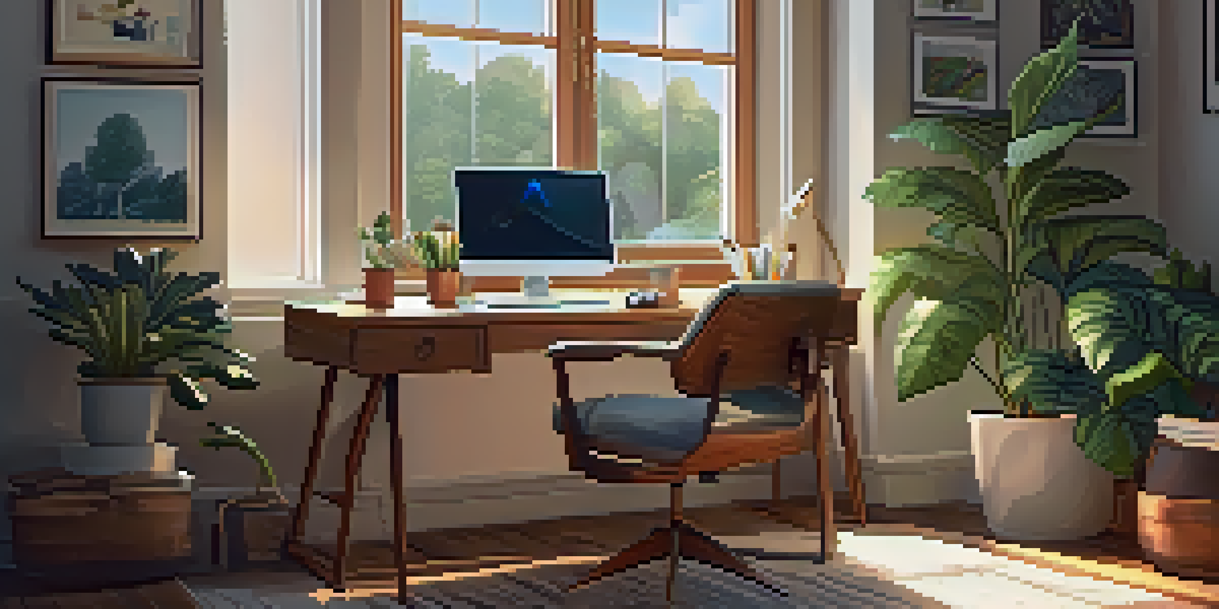 A cozy home office with a laptop on a wooden desk, a comfortable chair, and plants on the walls, illuminated by natural light.