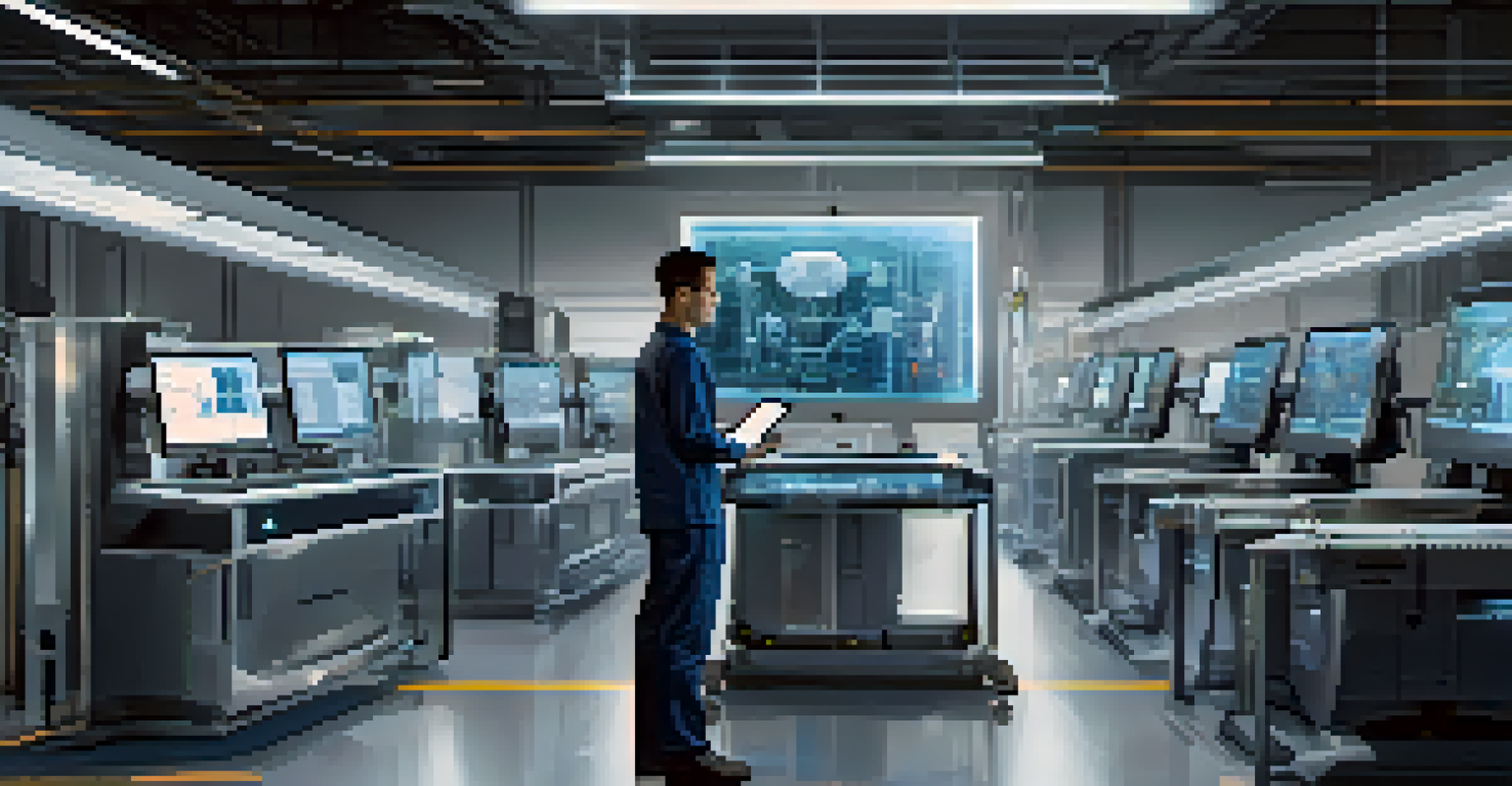 A technician collaborating with an AI robotic system in a modern smart factory.