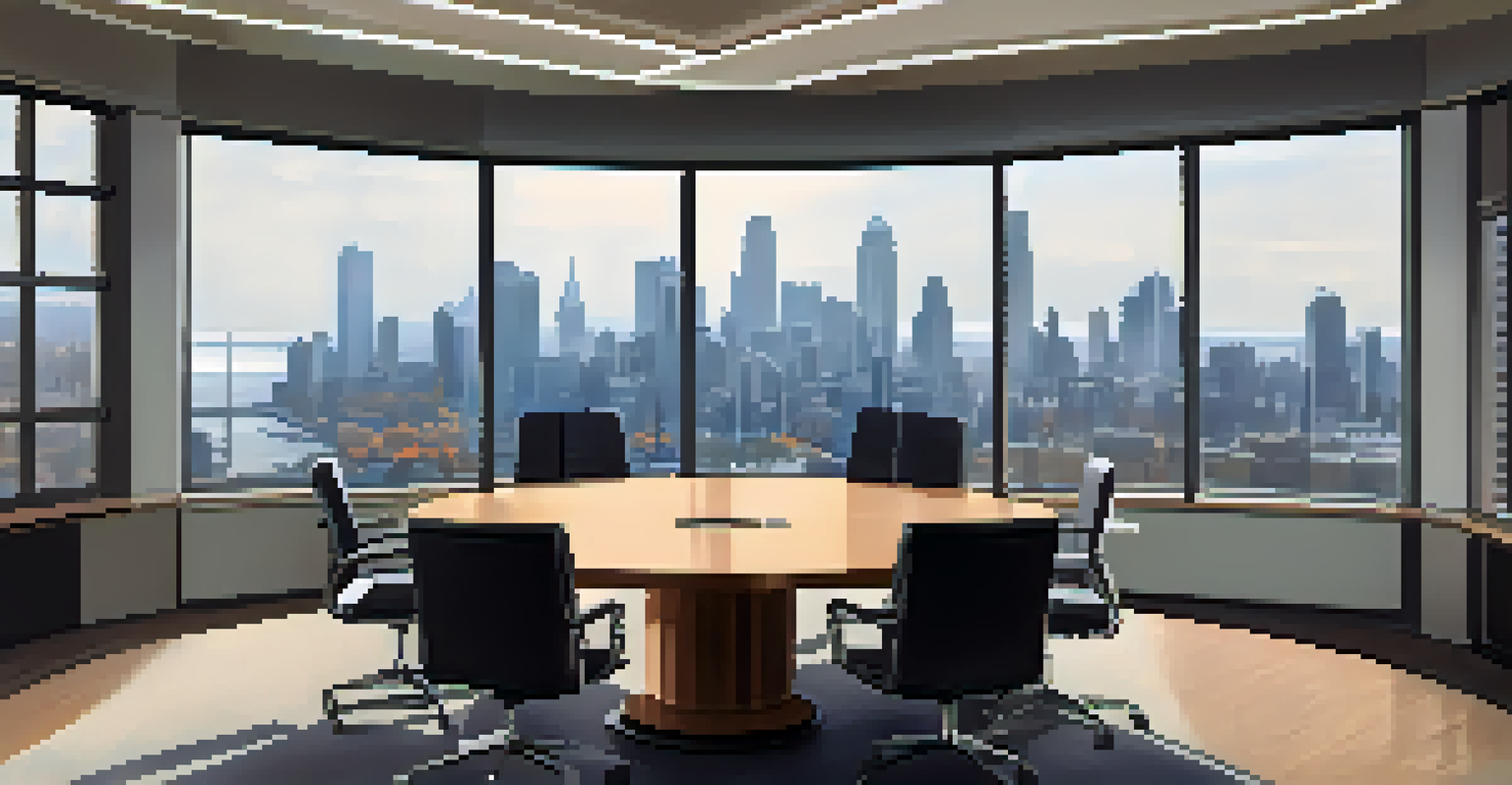 A modern conference room set up for a mock interview with chairs facing each other and a city skyline view.