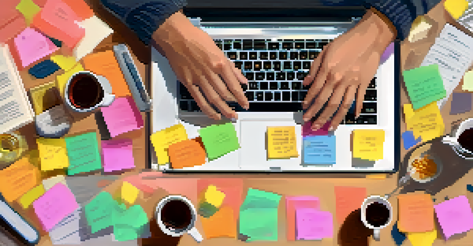 A close-up of hands typing on a laptop with sticky notes and a cup of tea, set in a softly lit workspace.