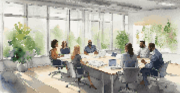 A diverse group of employees having a productive meeting in a brightly lit office with plants and motivational quotes.