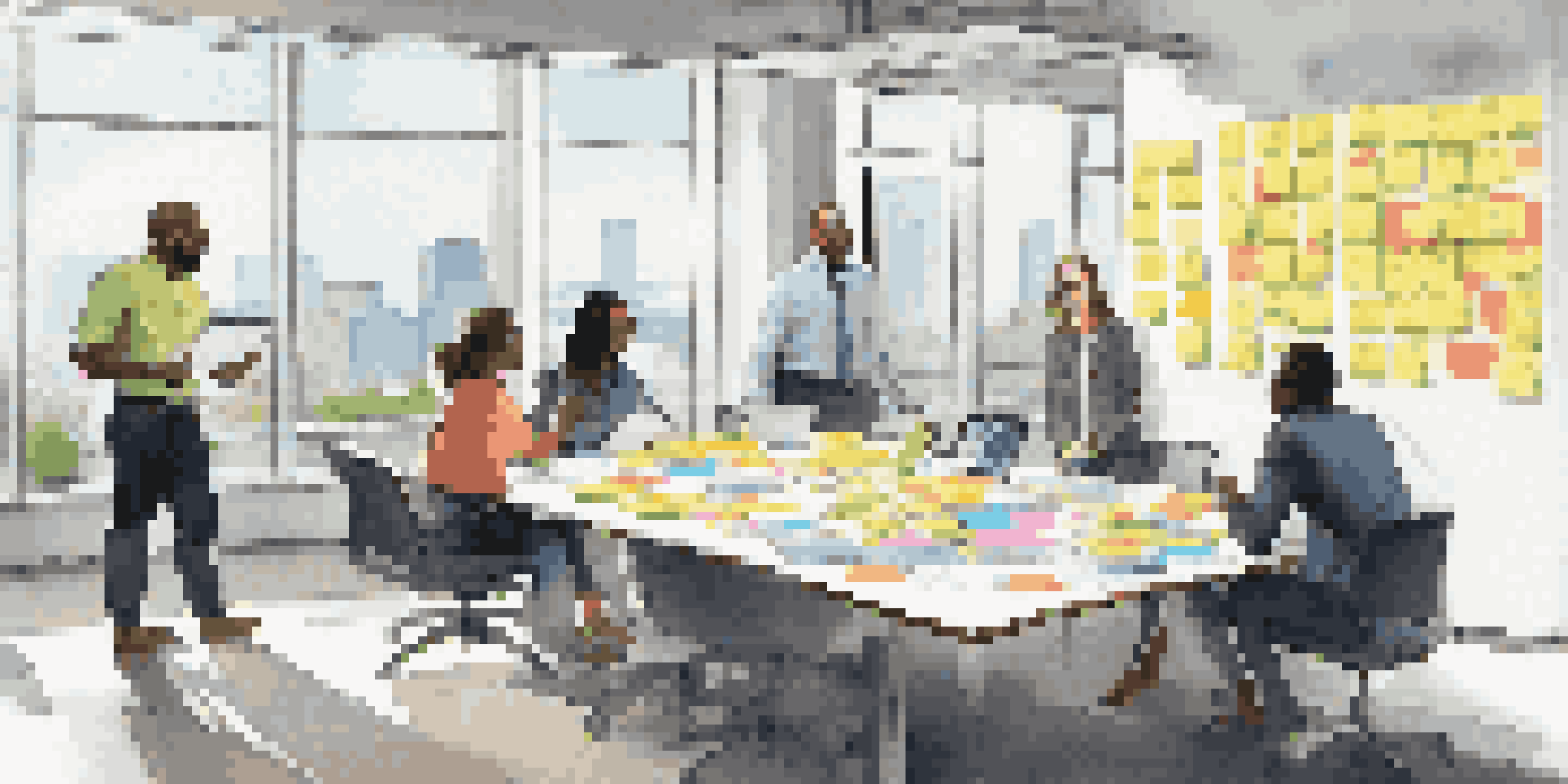 A diverse group of professionals in a bright conference room, brainstorming and collaborating over a table filled with notes and tablets.