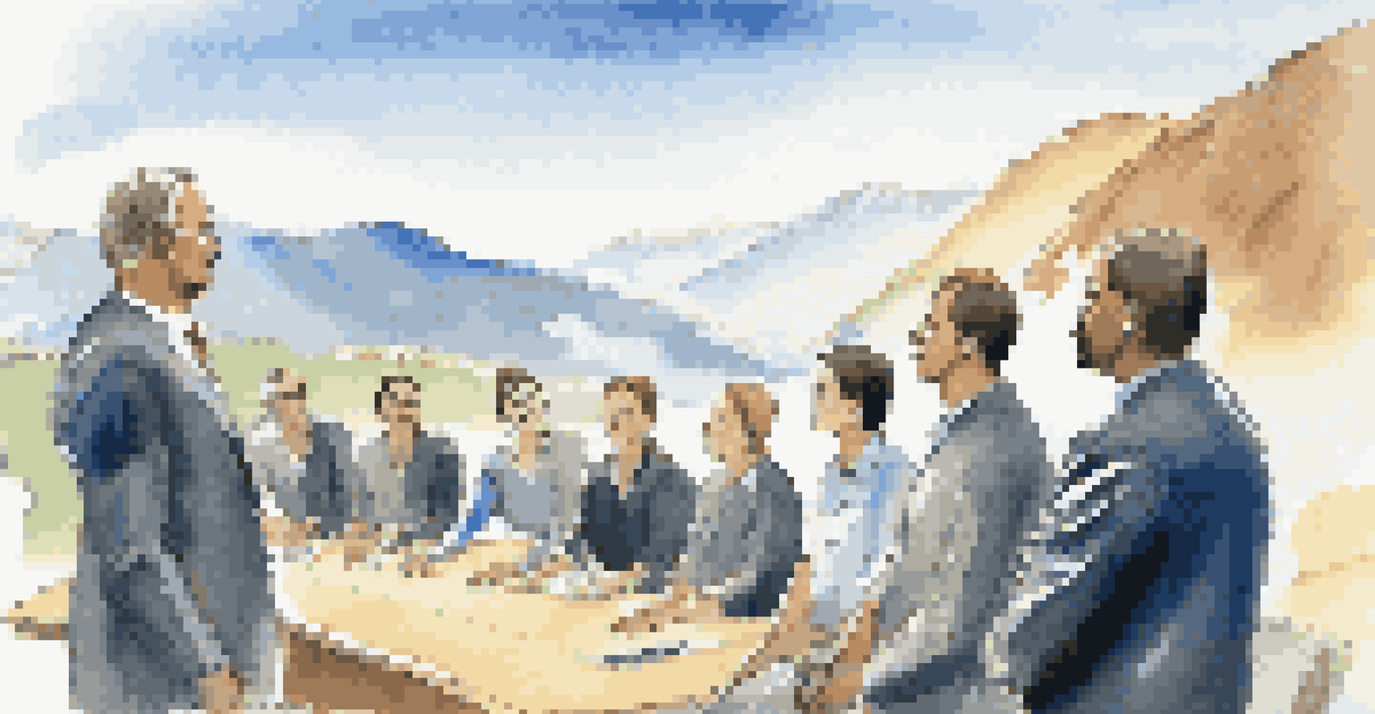A leader speaking to their team outdoors with mountains in the background, symbolizing effective communication and resilience.
