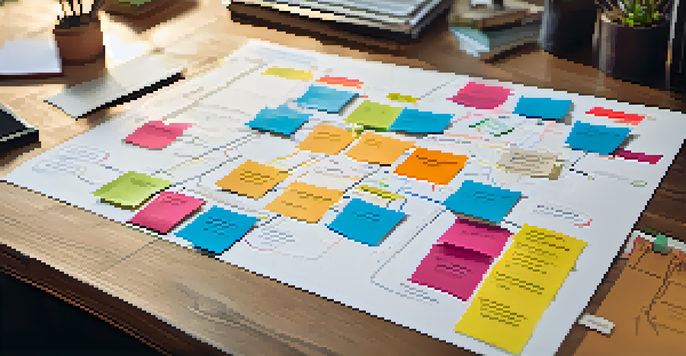A colorful visual career map displayed on a desk, showcasing various career paths and goals with bright sticky notes.