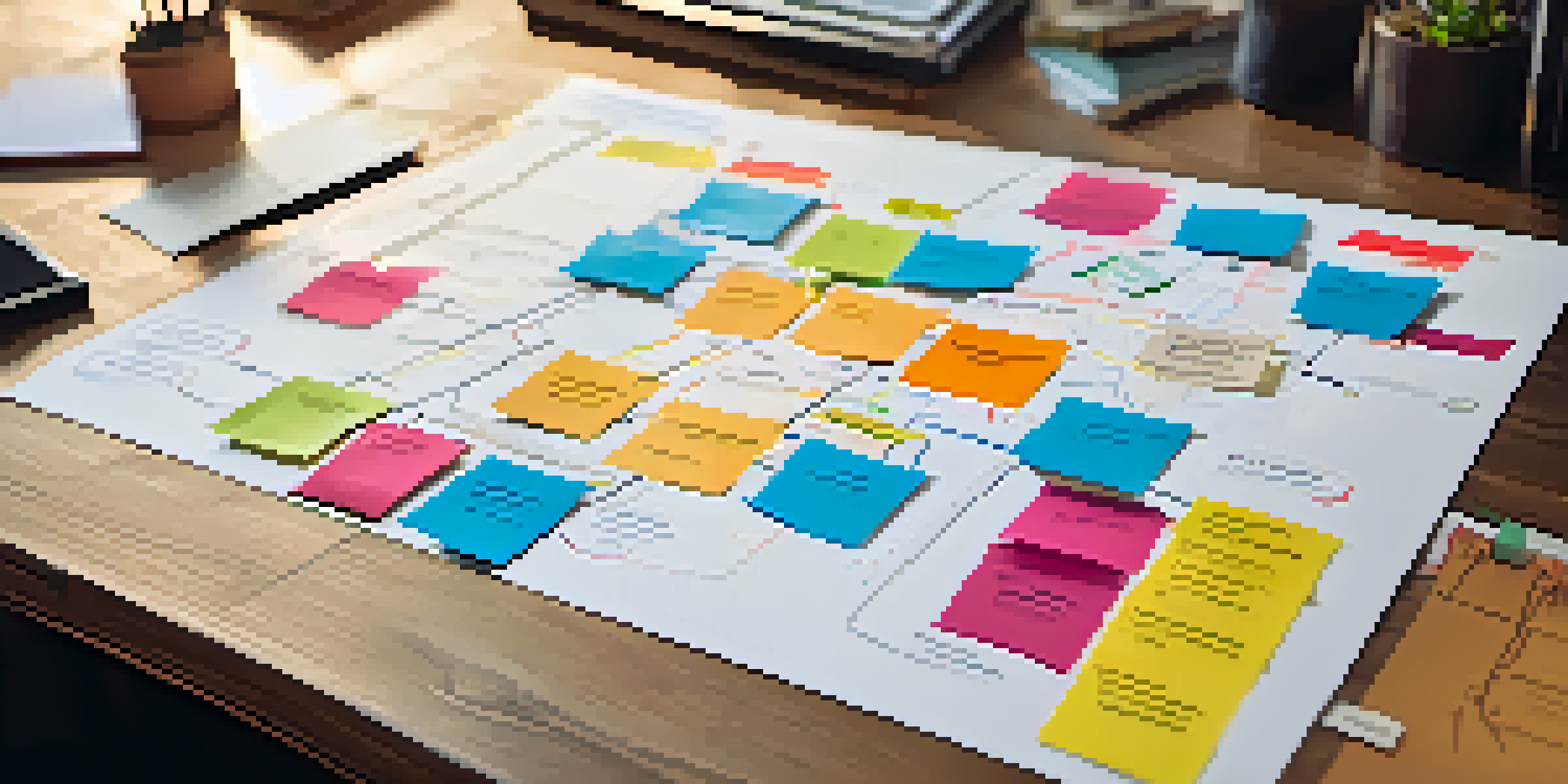A colorful visual career map displayed on a desk, showcasing various career paths and goals with bright sticky notes.