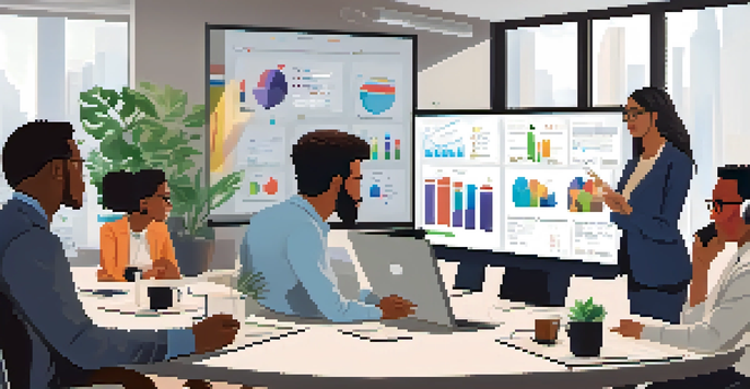 A diverse group of professionals participating in a virtual meeting, surrounded by digital devices displaying data.