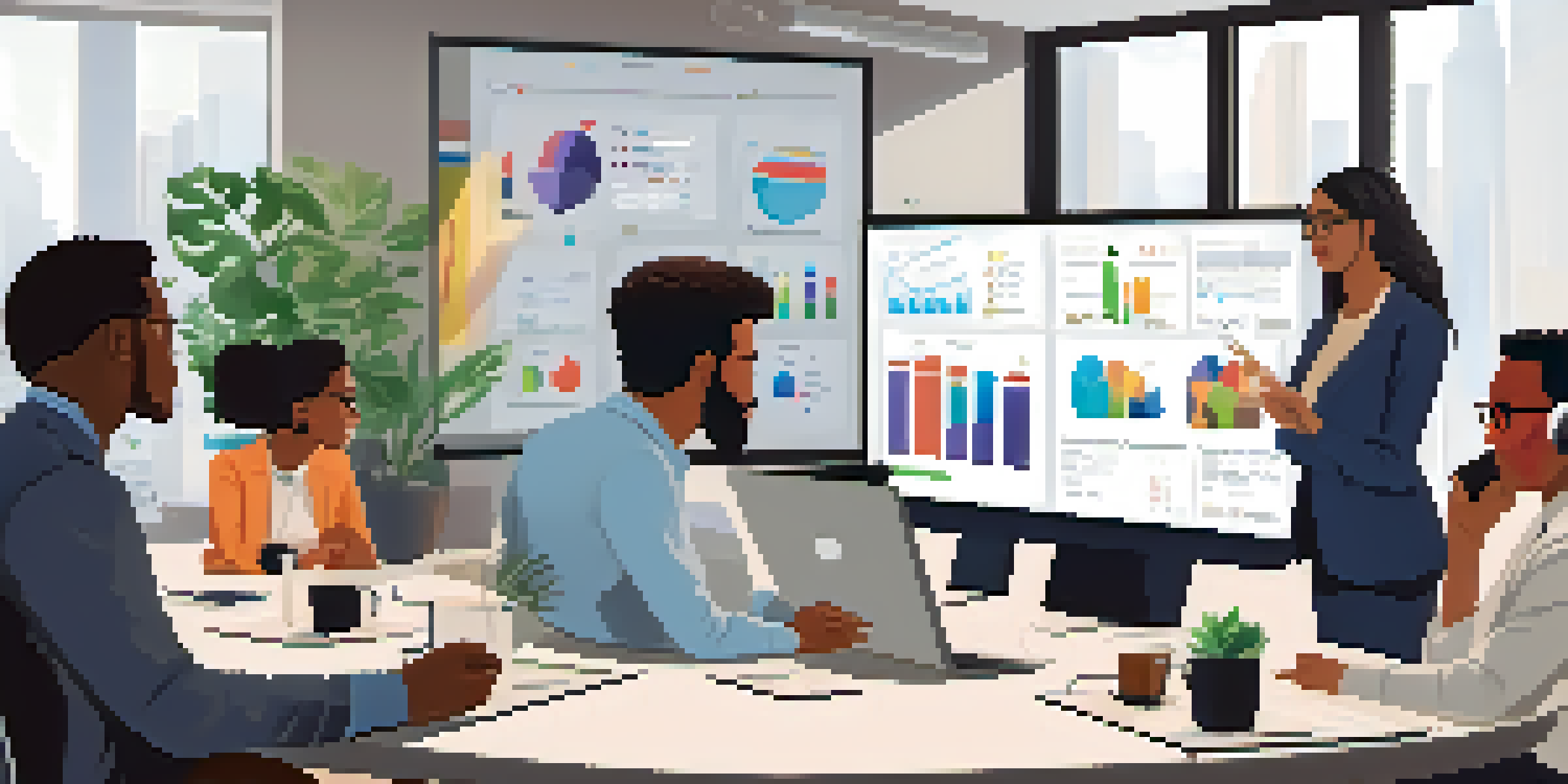 A diverse group of professionals participating in a virtual meeting, surrounded by digital devices displaying data.