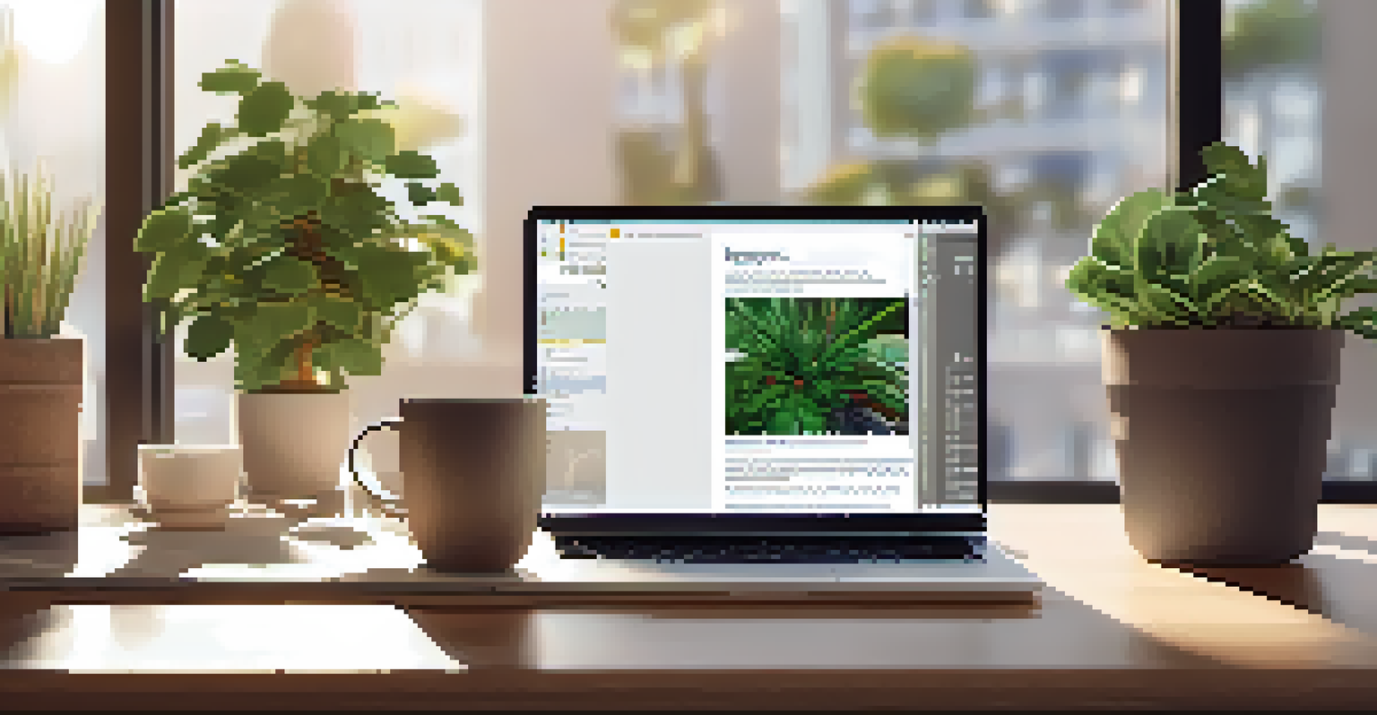 A workspace featuring a computer displaying a digital benefits portal, with a cozy atmosphere.
