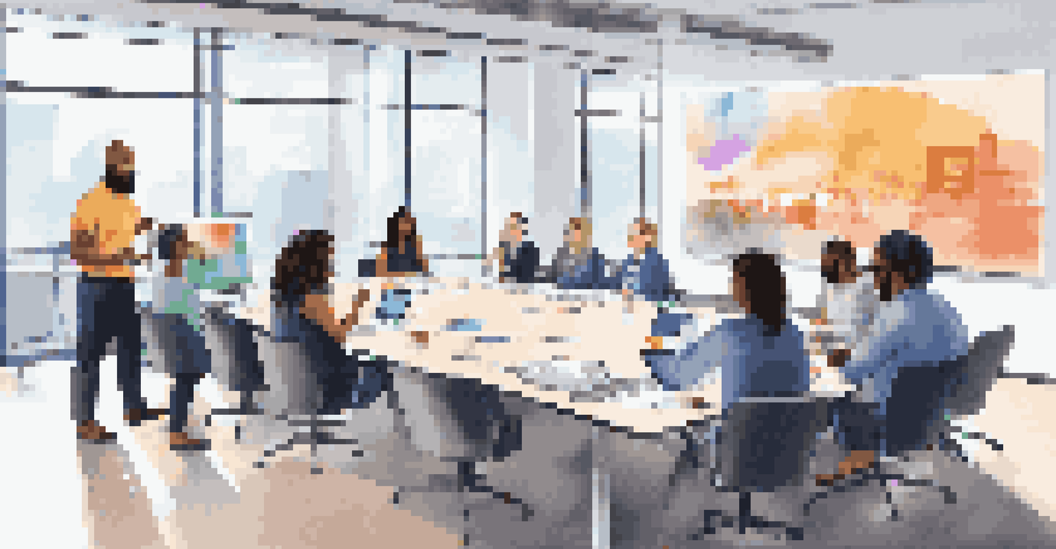 A diverse team participating in a virtual meeting in a modern conference room, with participants displayed on a large screen.