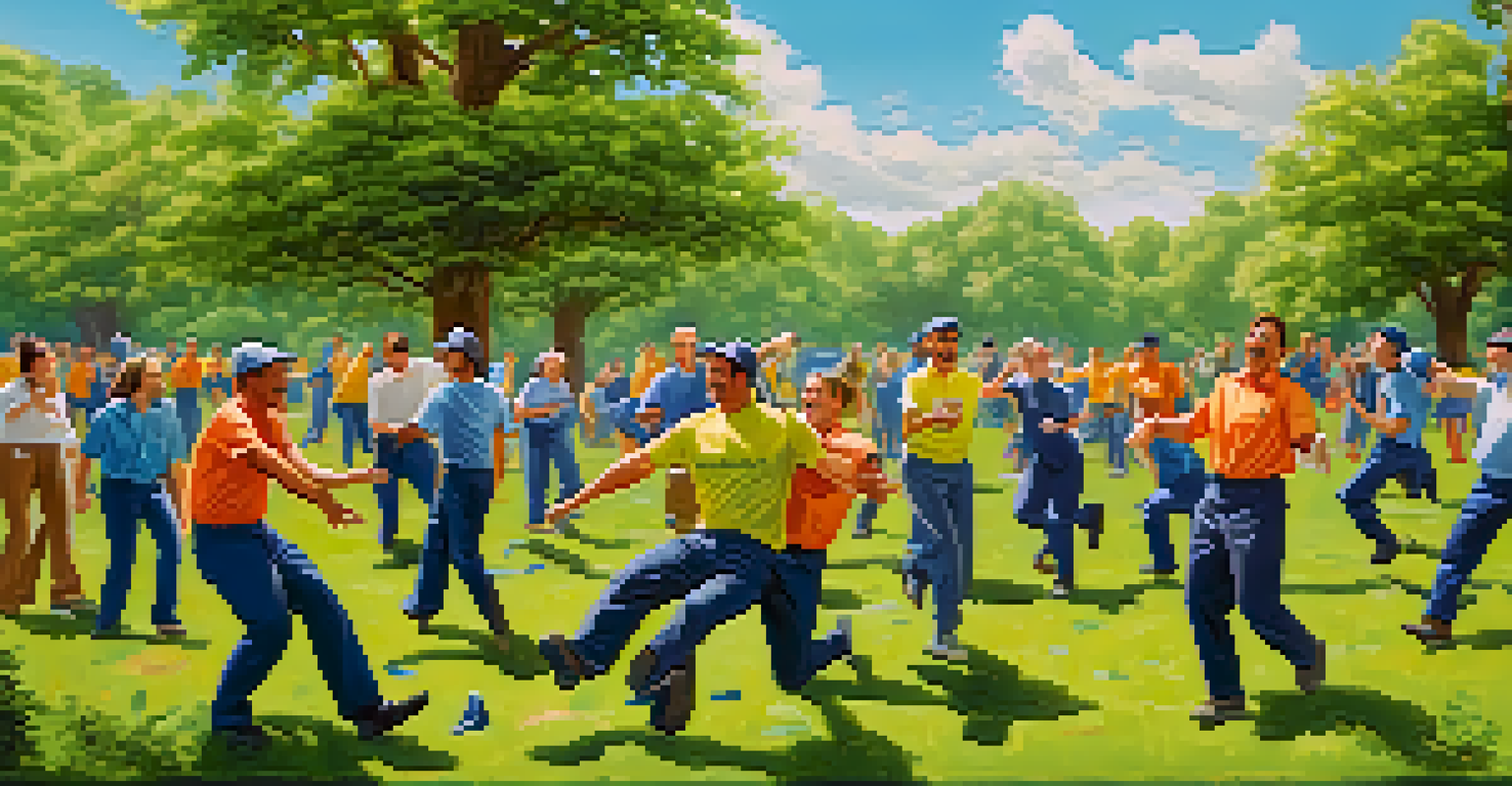 Employees engaging in a trust fall activity outdoors in a park, showing expressions of joy and teamwork.