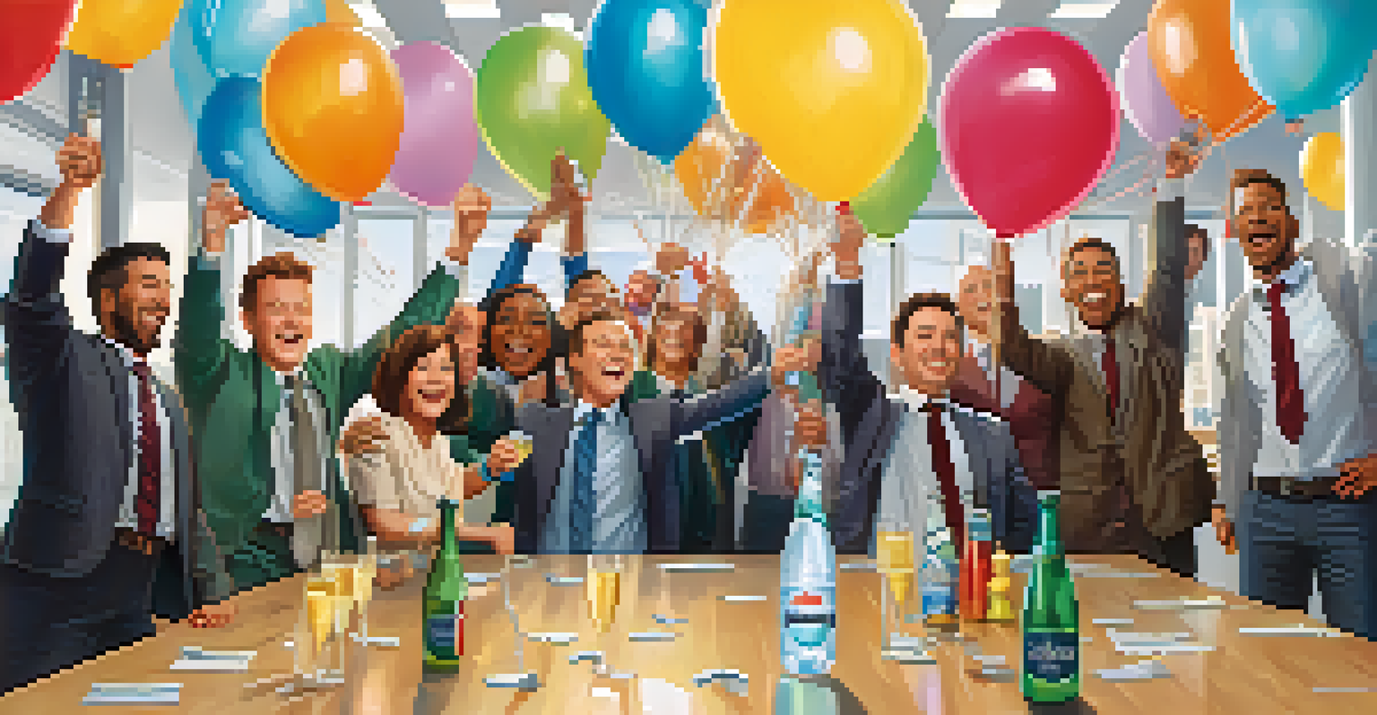 A group of colleagues celebrating at a table in an office, raising glasses in a toast with a banner that says 'Milestones Achieved!' in the background.