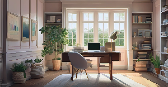 A cozy home office with a comfortable chair and a desk, featuring a view of a garden through the window.