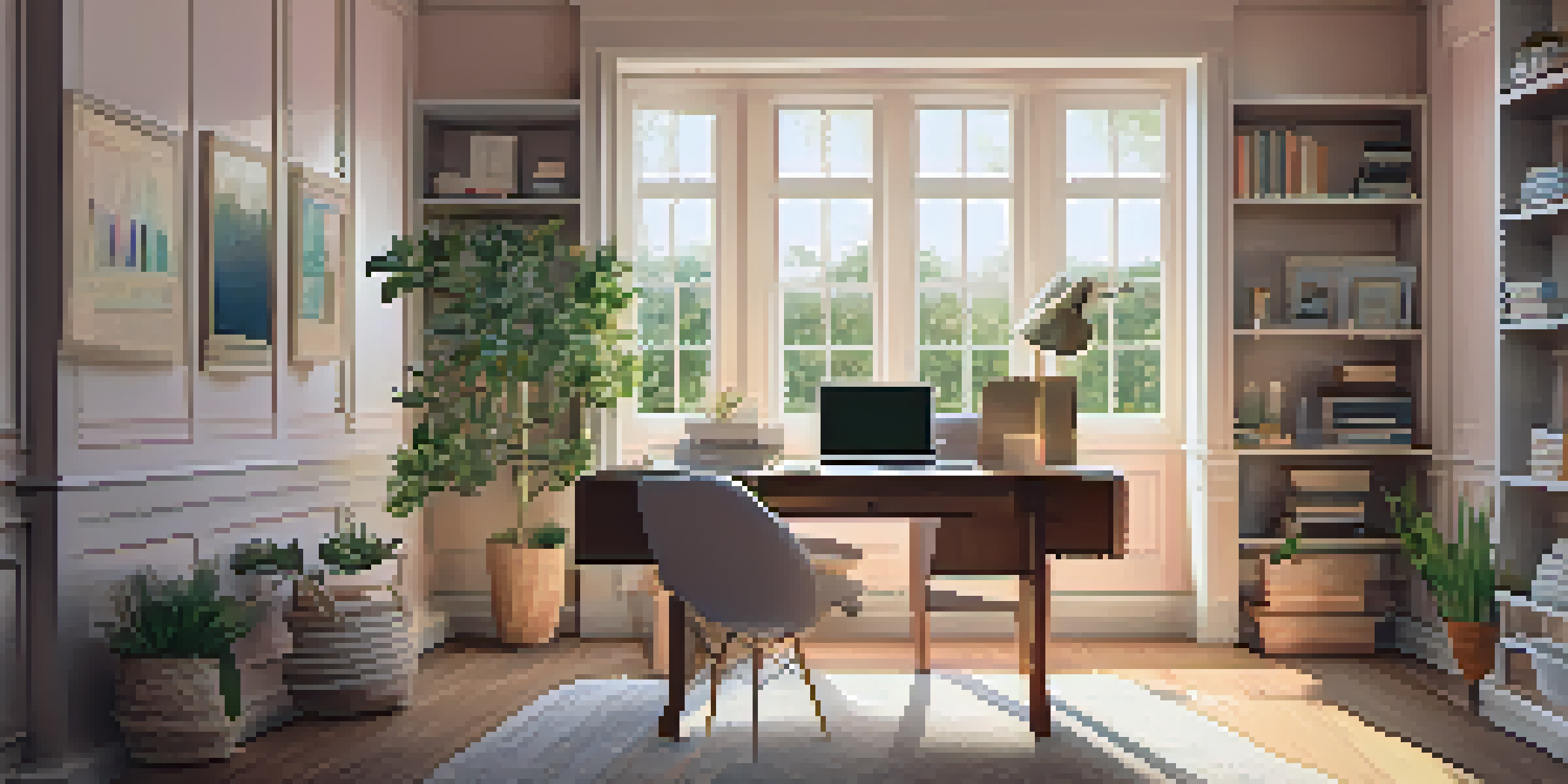 A cozy home office with a comfortable chair and a desk, featuring a view of a garden through the window.