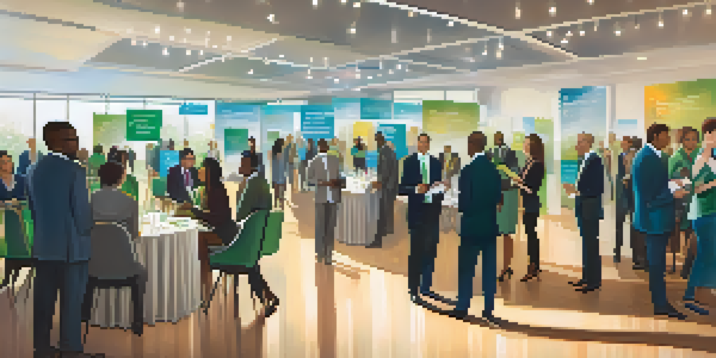 A diverse group of professionals networking in a modern conference hall, with warm lighting and elegant decor.