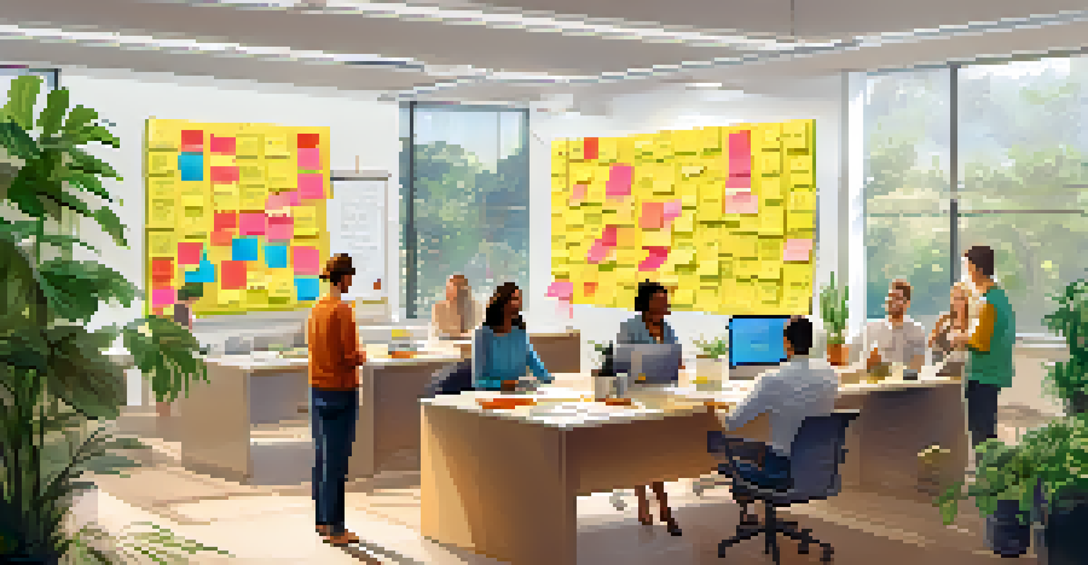 An open office space with a whiteboard covered in sticky notes, where team members are collaborating and sharing ideas in a bright environment.