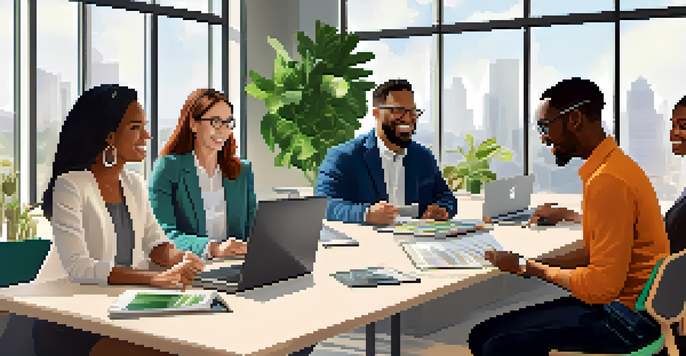 A diverse group of employees collaborating in a bright office, emphasizing teamwork and inclusivity.