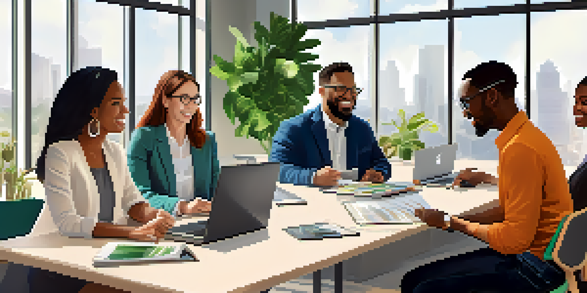 A diverse group of employees collaborating in a bright office, emphasizing teamwork and inclusivity.