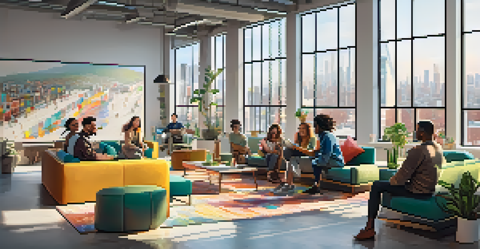 A diverse group of freelancers collaborating in a modern co-working space with colorful furniture and city views.