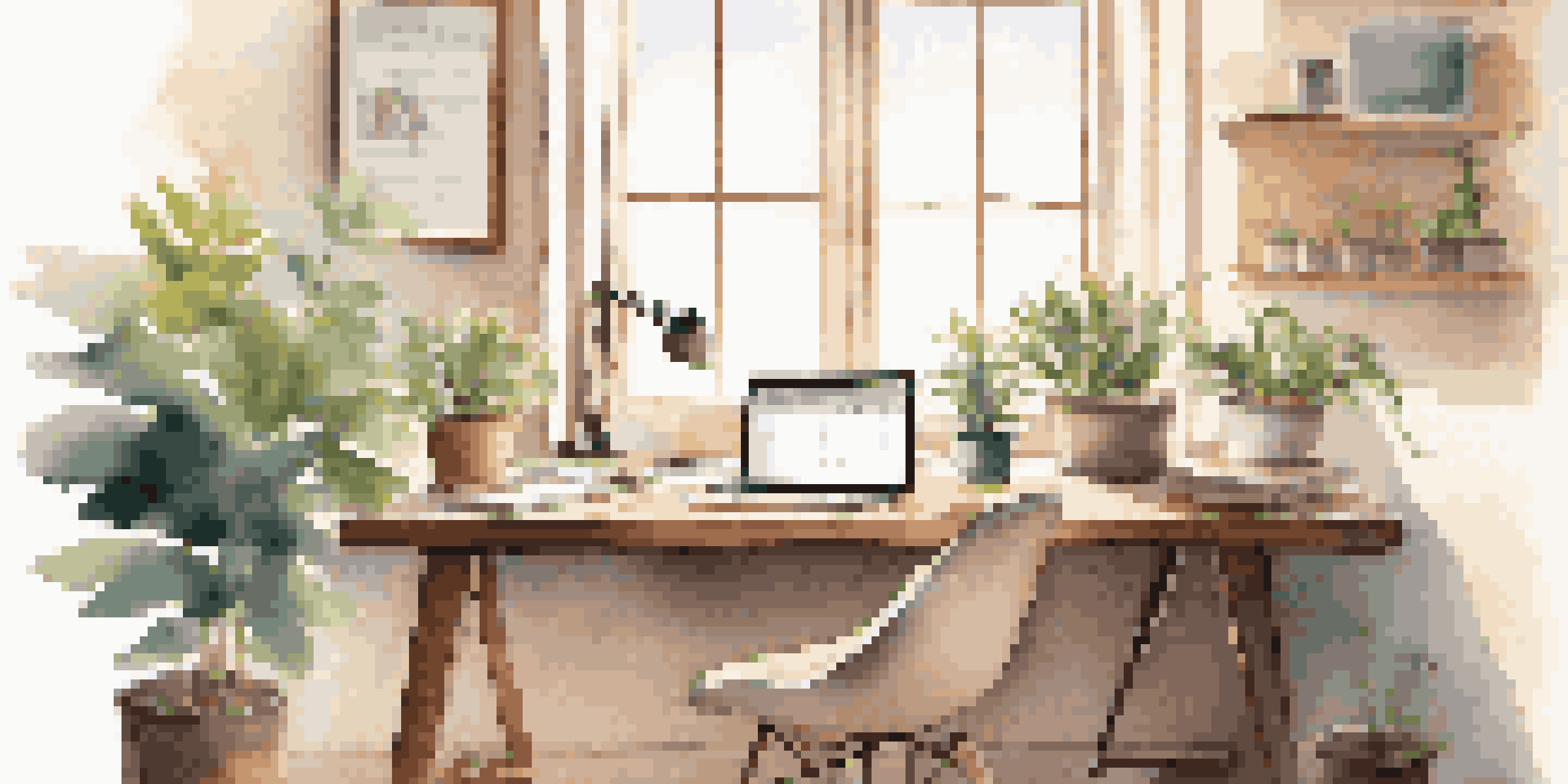 A modern desk with a laptop, coffee cup, and plant under soft sunlight, representing a balanced work environment.