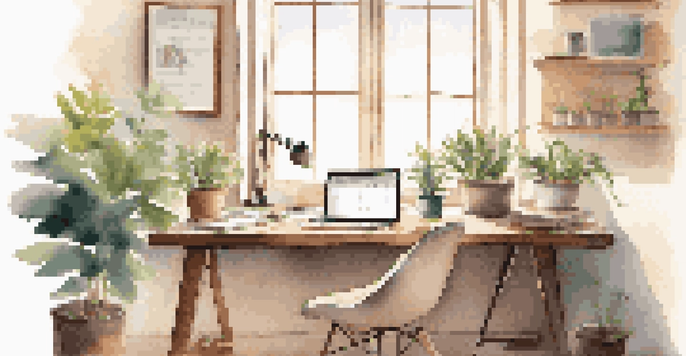 A modern desk with a laptop, coffee cup, and plant under soft sunlight, representing a balanced work environment.