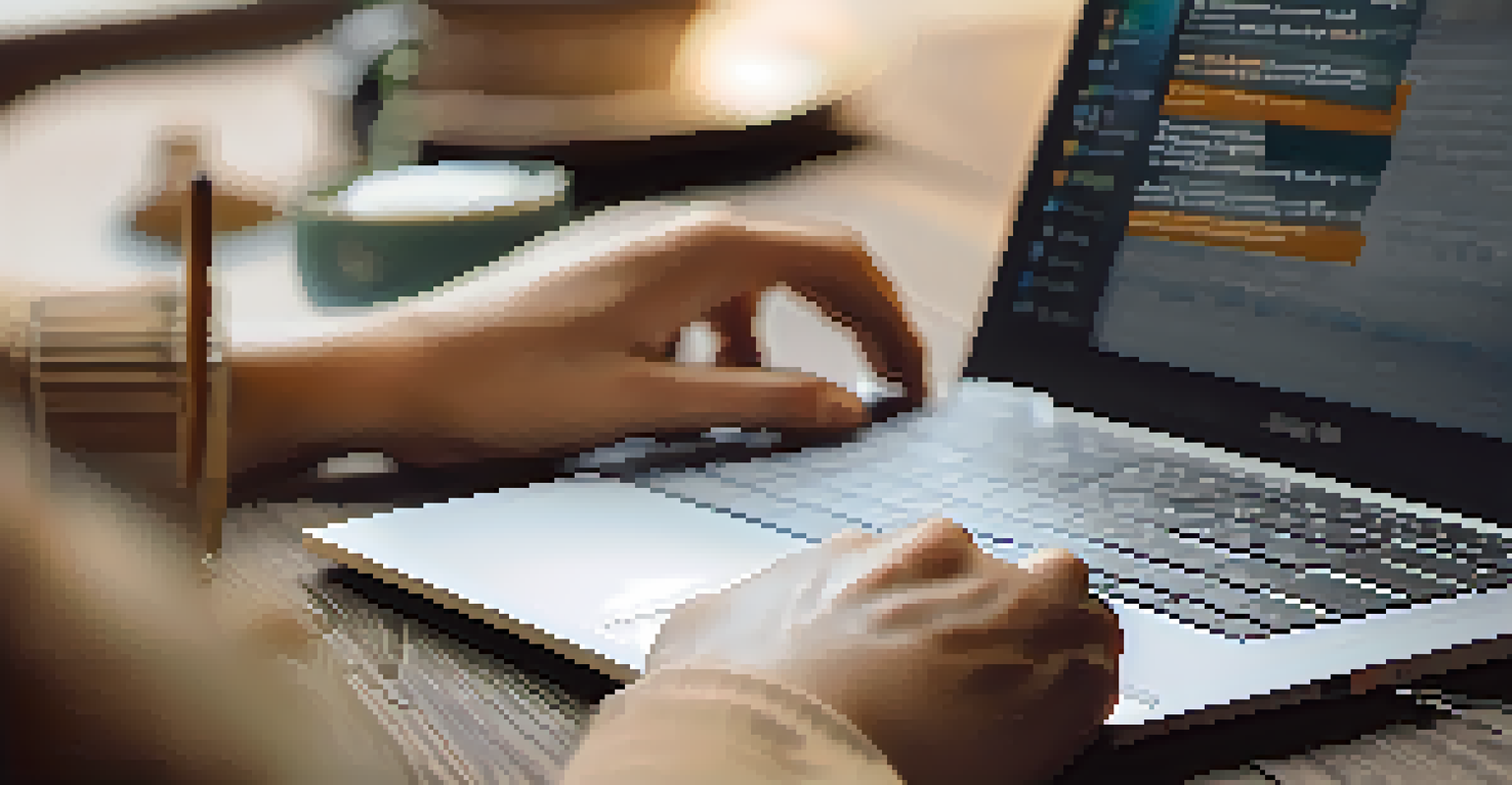 Close-up of hands typing on a laptop next to a notebook with a personal development plan in a cozy coffee shop.