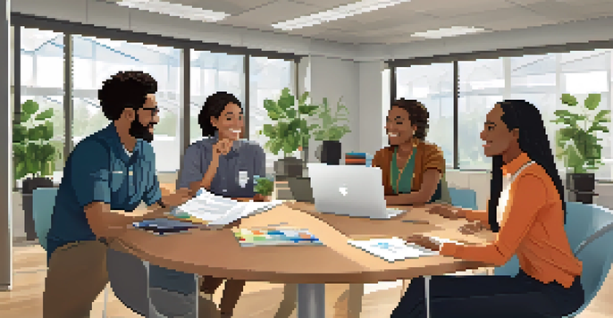 A diverse group of employees in a modern office, engaging in open communication and sharing ideas.
