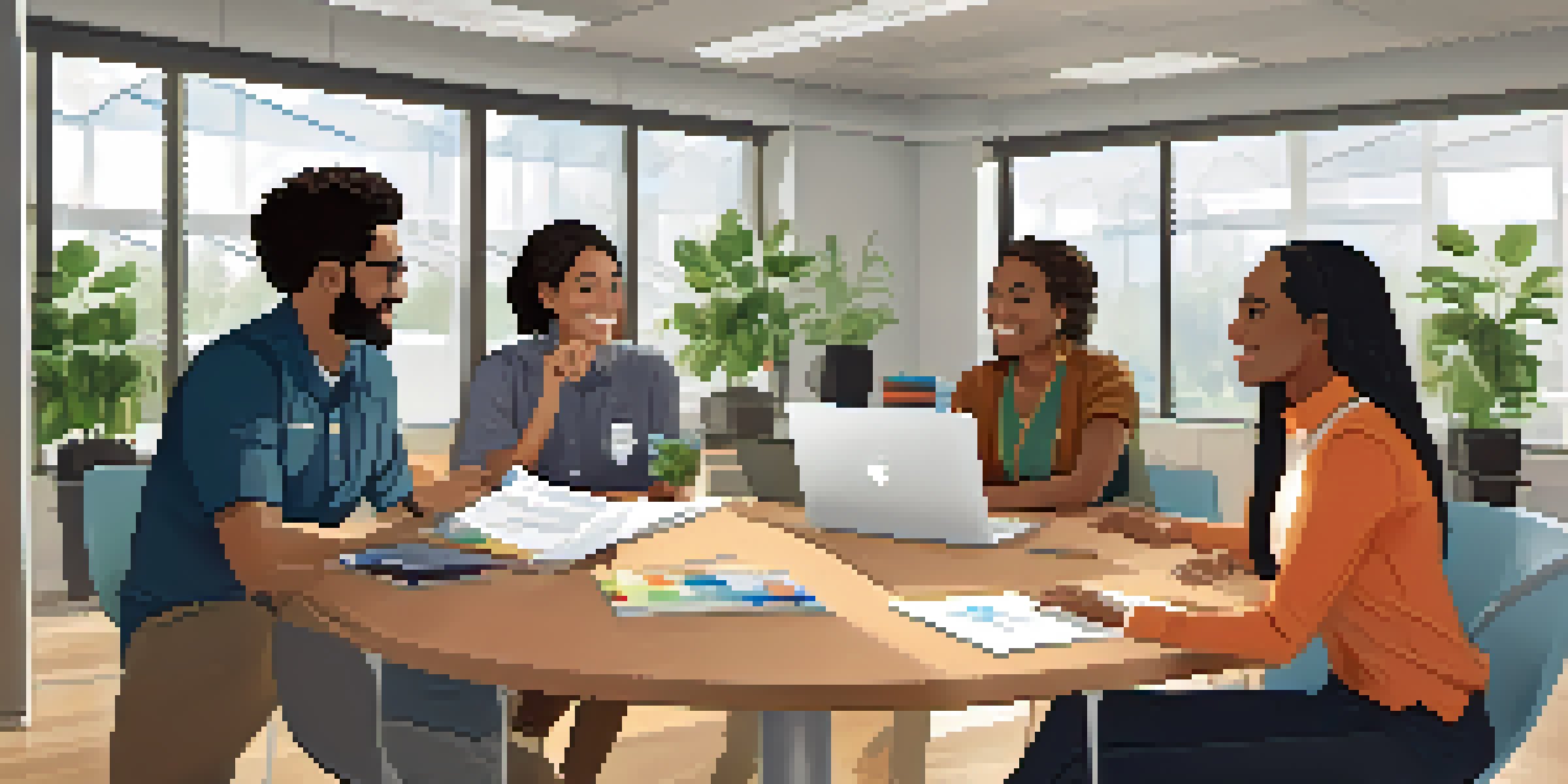 A diverse group of employees in a modern office, engaging in open communication and sharing ideas.