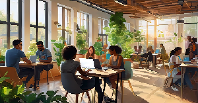 A bright and inviting co-working space with freelancers of various backgrounds collaborating and working on laptops, surrounded by plants and modern furnishings.