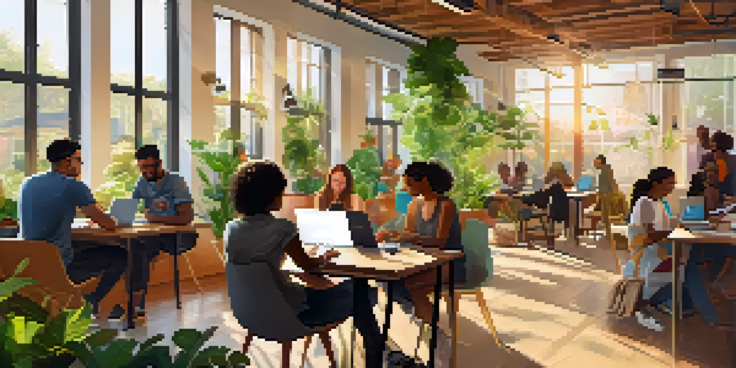 A bright and inviting co-working space with freelancers of various backgrounds collaborating and working on laptops, surrounded by plants and modern furnishings.