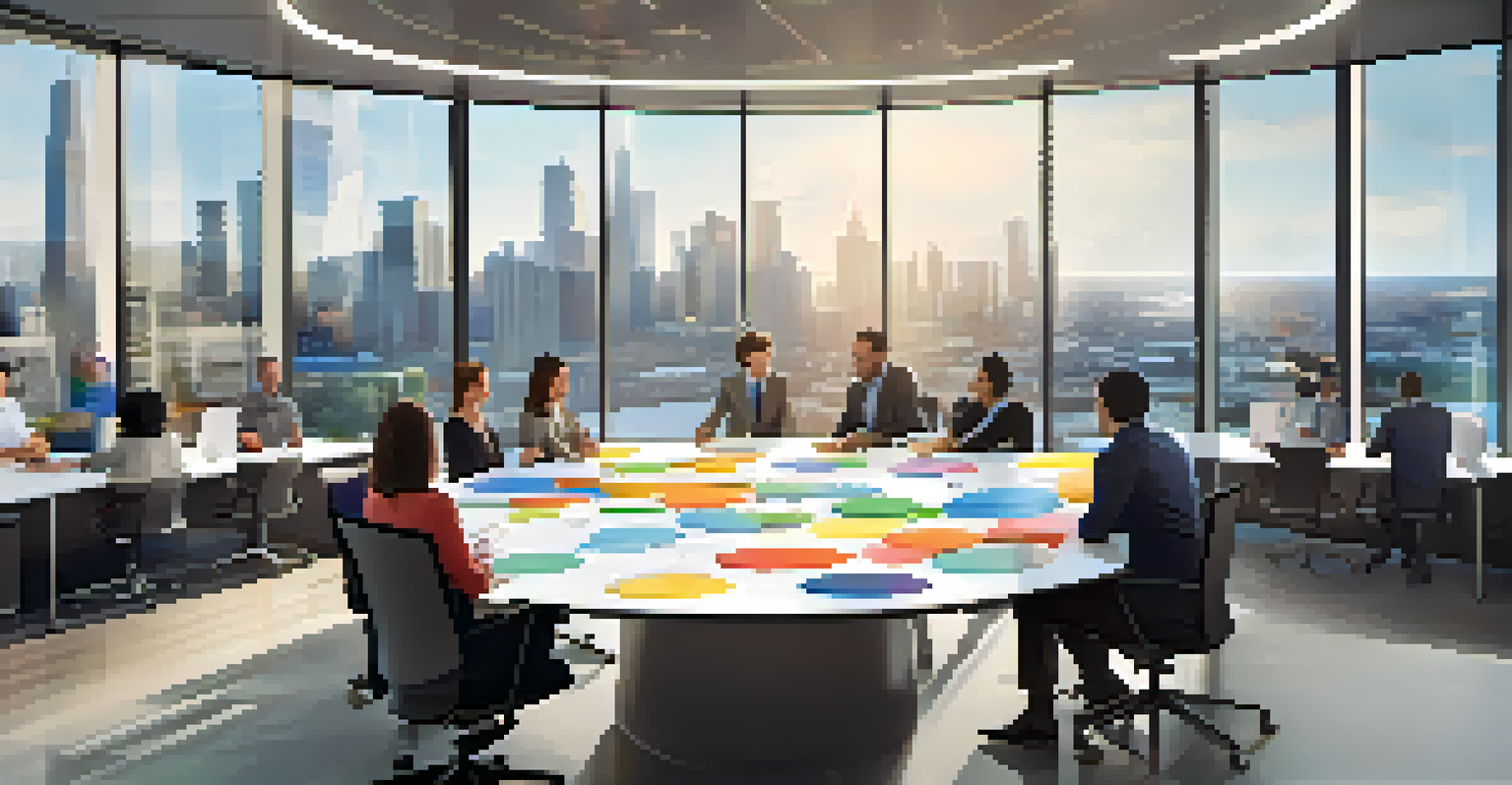 A diverse group of colleagues engaged in an open discussion in a modern office meeting room with a round table and whiteboards.