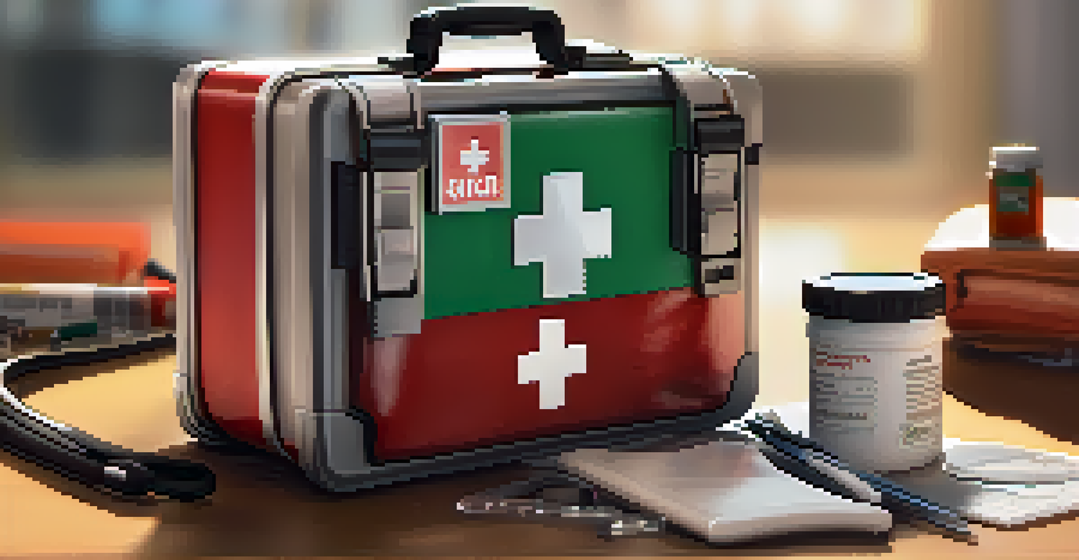 A close-up of a first aid kit on a desk, showcasing medical supplies in a workplace environment.