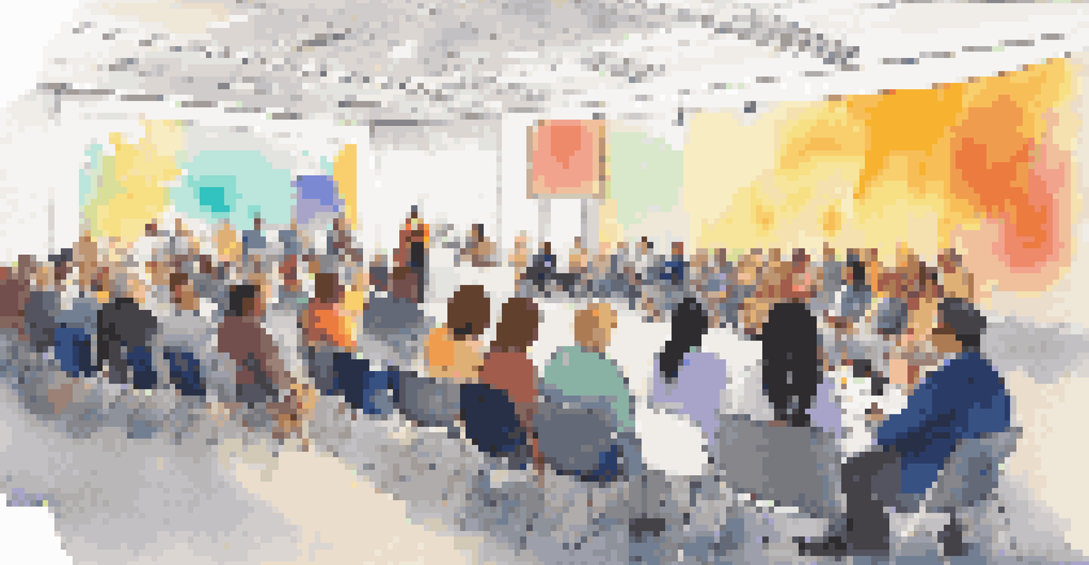 A networking event with a diverse audience listening to a panel discussion on workplace diversity, with colorful banners in the background.