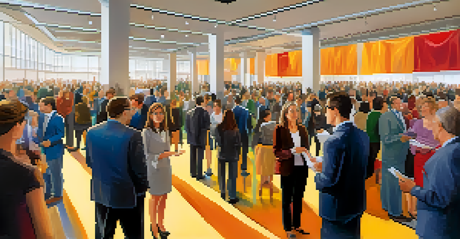 A bustling networking event with professionals engaging and networking in a spacious hall filled with colorful banners.