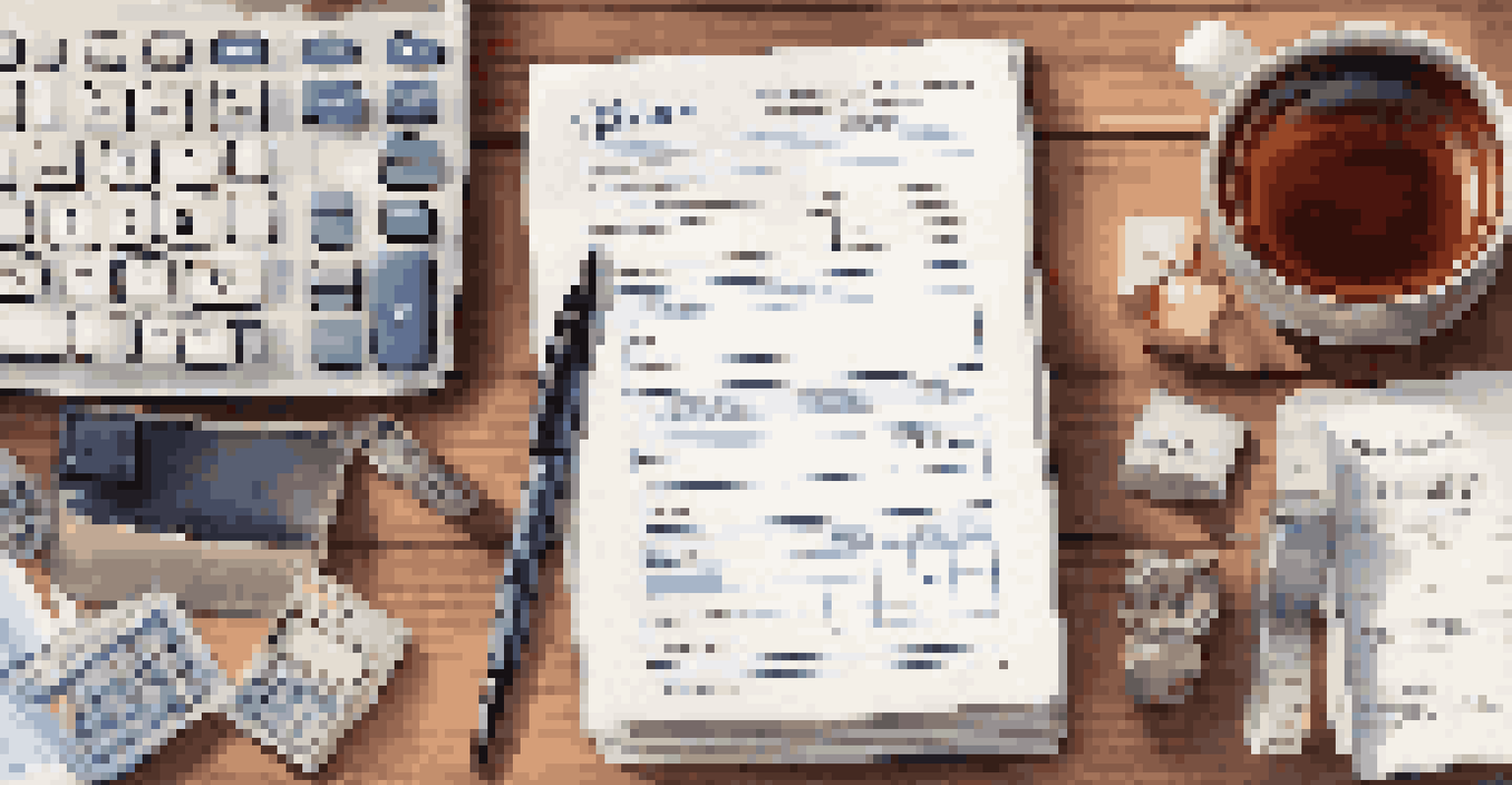 A flat lay of tax preparation tools including a calculator and tax forms on a wooden table.