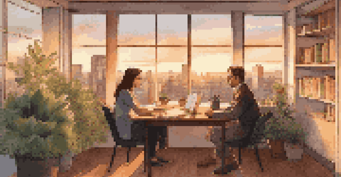 A mentor and a mentee sitting in a cozy office space, discussing under the warm glow of a sunset.