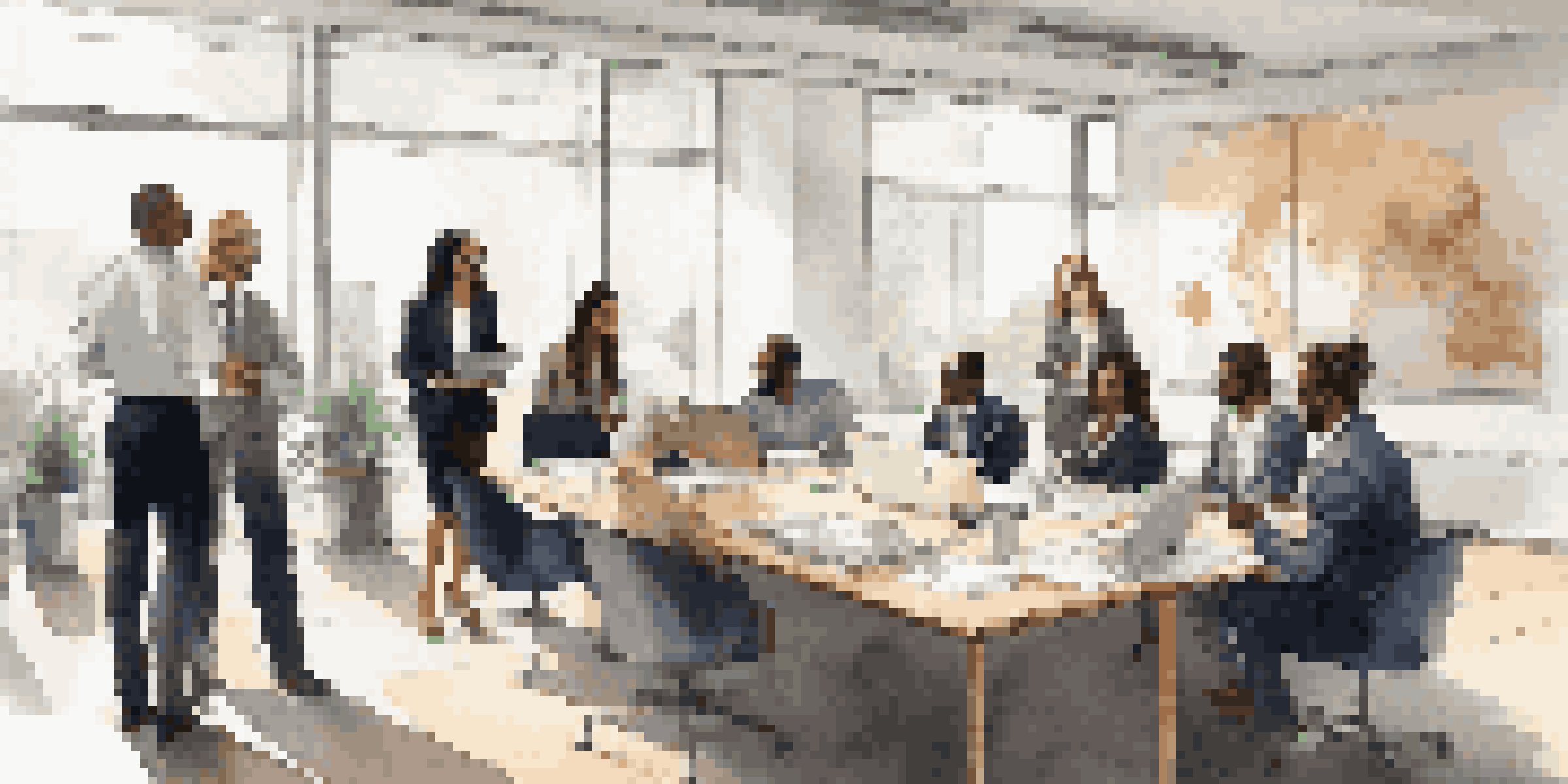 A diverse group of professionals in a bright office meeting room, collaborating around a conference table with laptops and notepads.