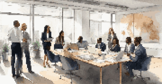 A diverse group of professionals in a bright office meeting room, collaborating around a conference table with laptops and notepads.