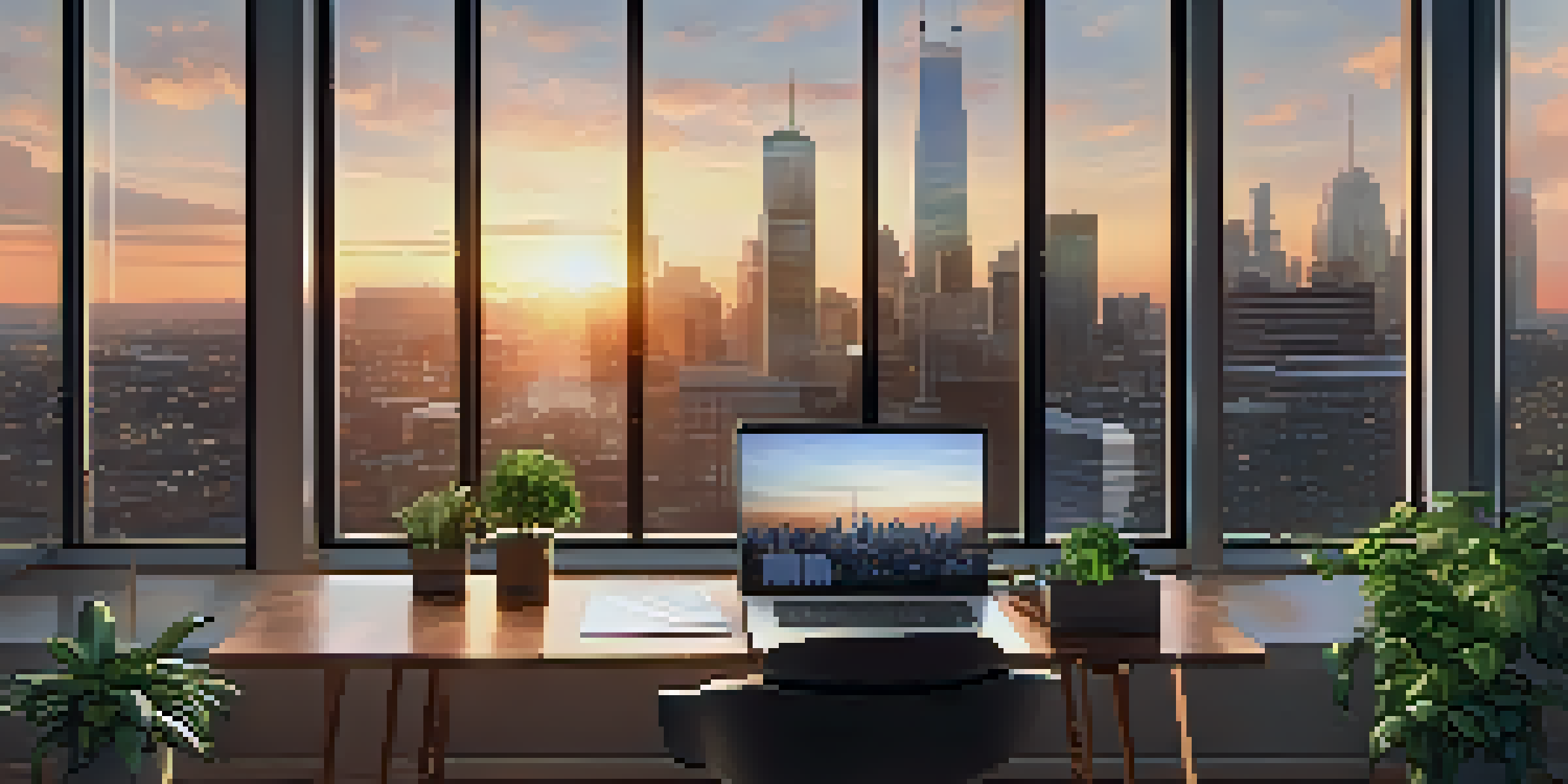 A peaceful office with a view of a city skyline at sunset, featuring plants and a modern desk.