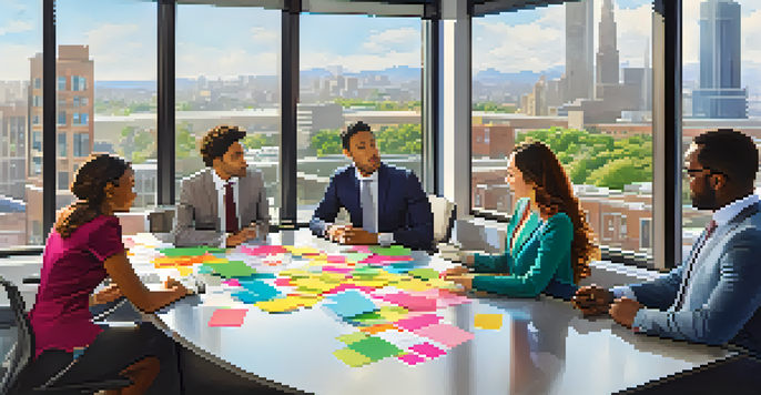 A diverse group of employees collaborating in a bright office with a city view, surrounded by laptops and sticky notes.