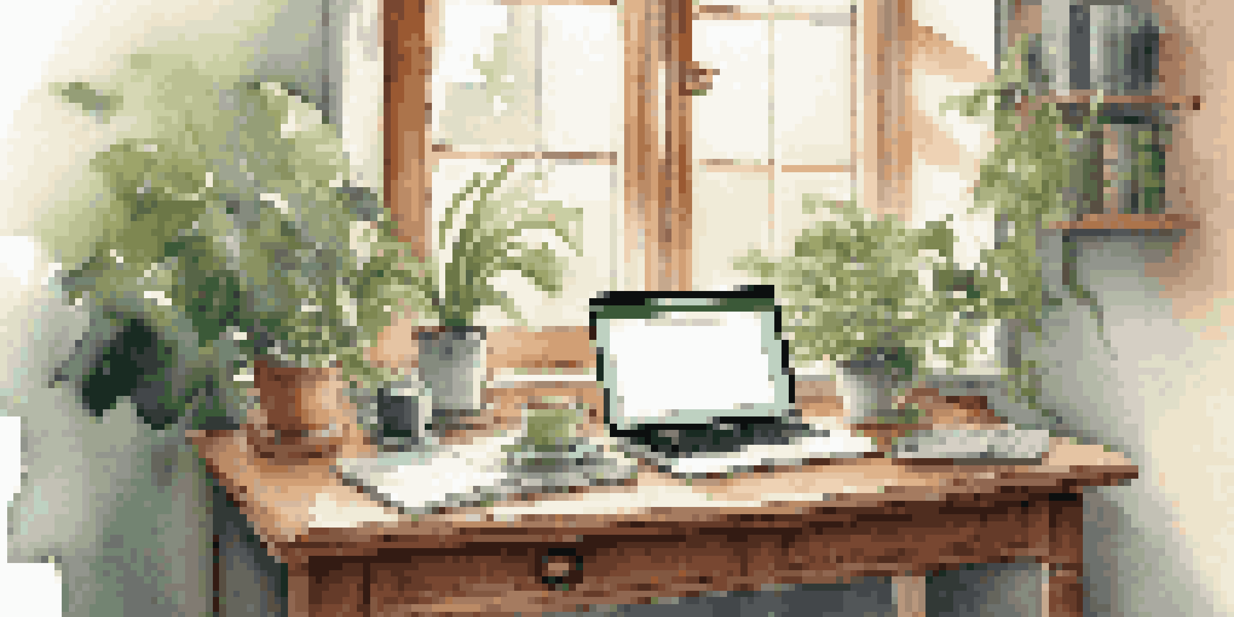 A calm and organized workspace with a laptop, notepad, and coffee, illuminated by morning light and surrounded by green plants.